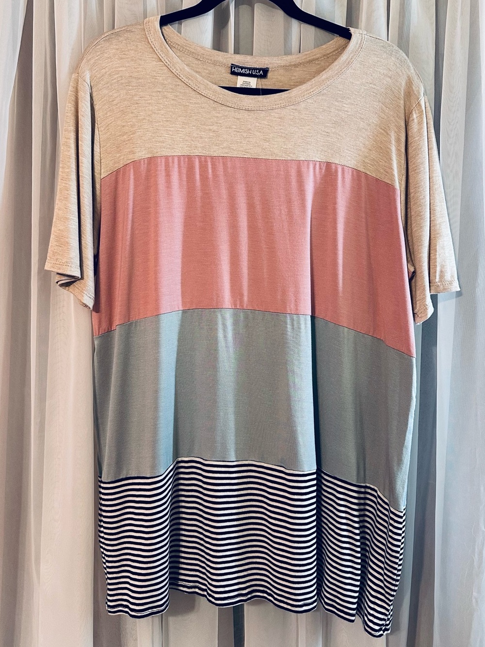 HEIMISH USA Colorblock Tan Pink Blue Black and White Stripe Short Sleeve Tee